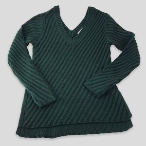 Woven Heart Size L Double V High Low Tunic Sweater Pine Green Chunky Knit Stripe